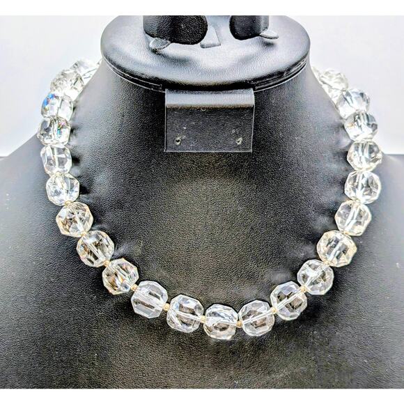 Vtg 925 Sterling Chunky Faceted Cut Rock Crystal Quartz Toggle Clasp Necklace - Picture 1 of 11